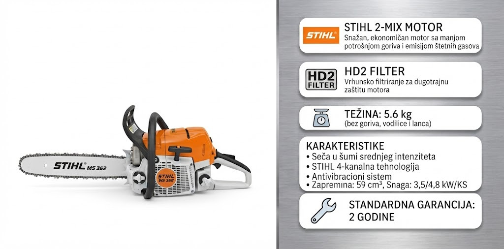 STIHL MS 362 profesionalna benzinska motorna testera sa tehničkim specifikacijama