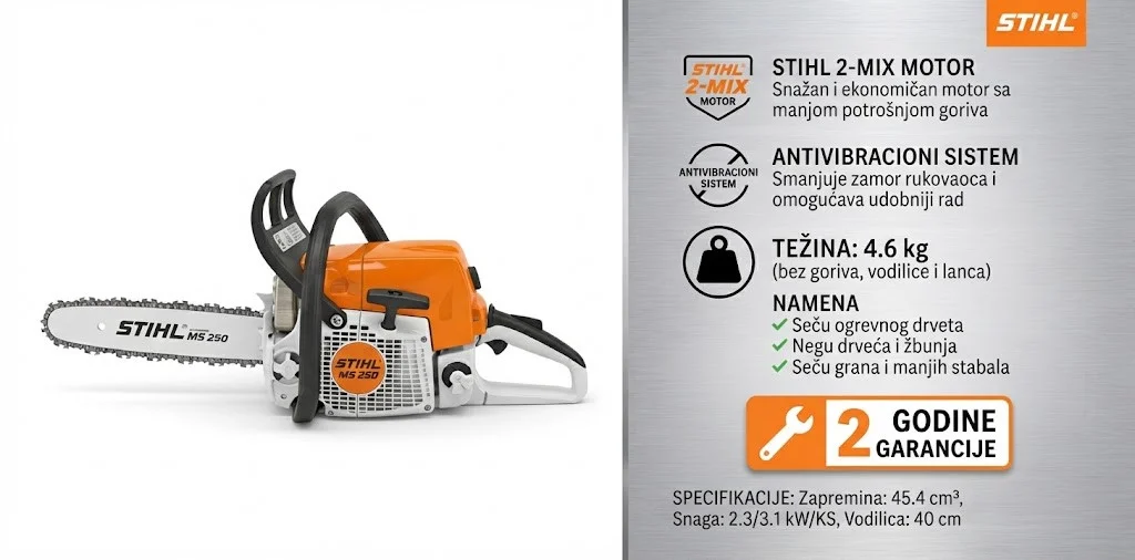 STIHL MS 250 benzinska motorna testera za drva sa tehničkim karakteristikama