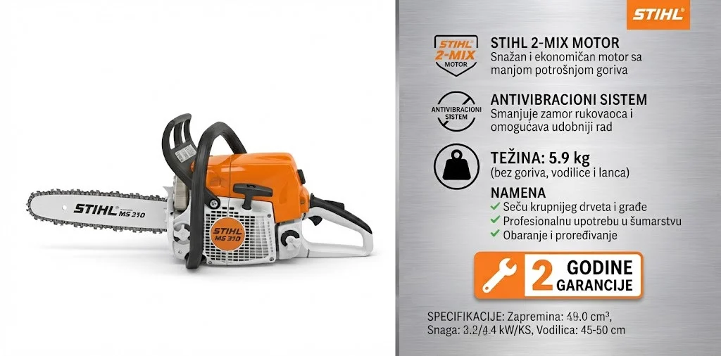 STIHL MS 310 motorna testera za uređenje okućnice i pripremu ogreva sa karakteristikama
