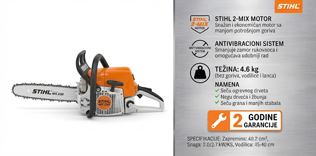 STIHL MS 230 benzinska motorna testera za ogrev i drvnu građu sa karakteristikama