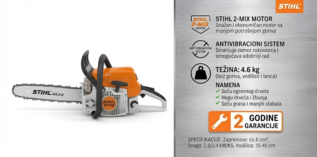 STIHL MS 212 benzinska motorna testera za drva sa karakteristikama