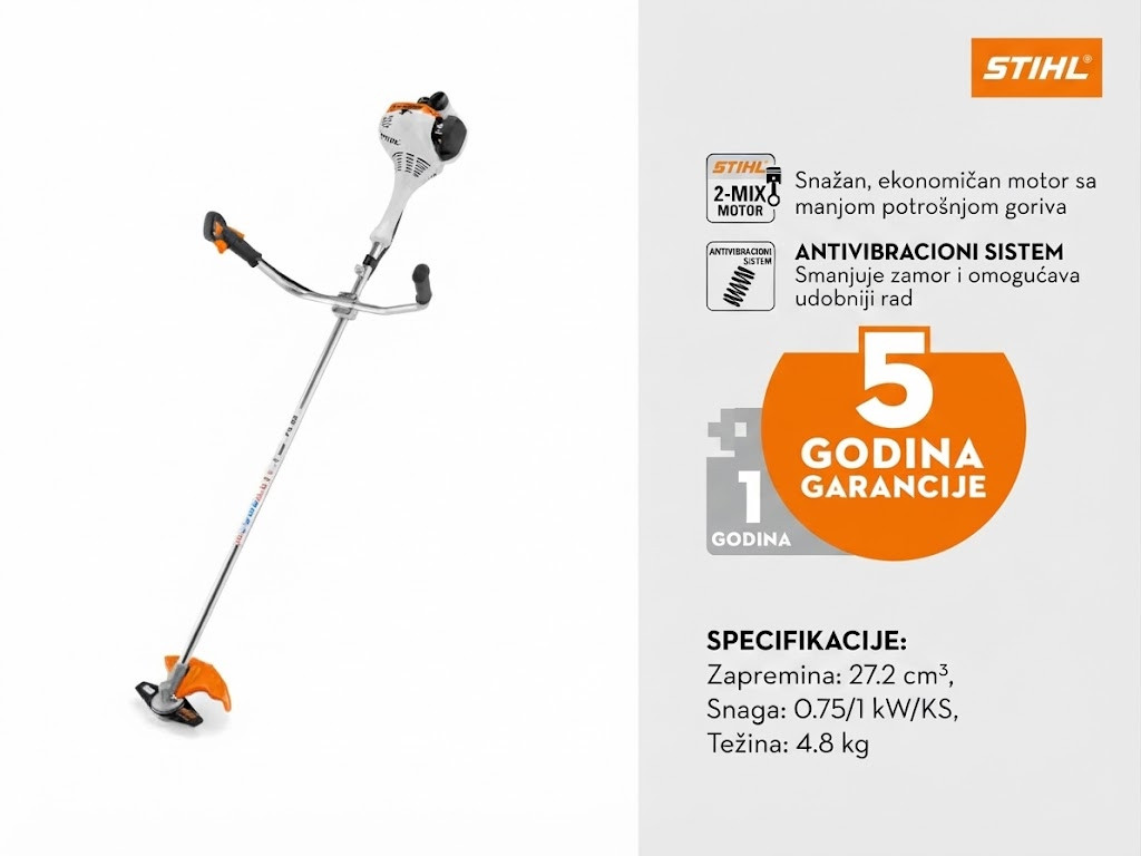 STIHL FS 55 benzinski motorni trimer za travu sa dvokrakim nozem i specifikacijom.