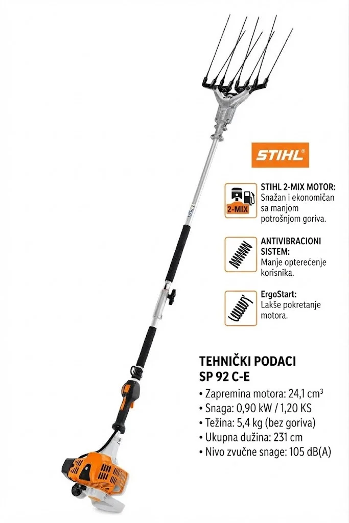 STIHL SP 92 C-E benzinski tresač za masline i voće sa 2-MIX motorom i tehničkim specifikacijama