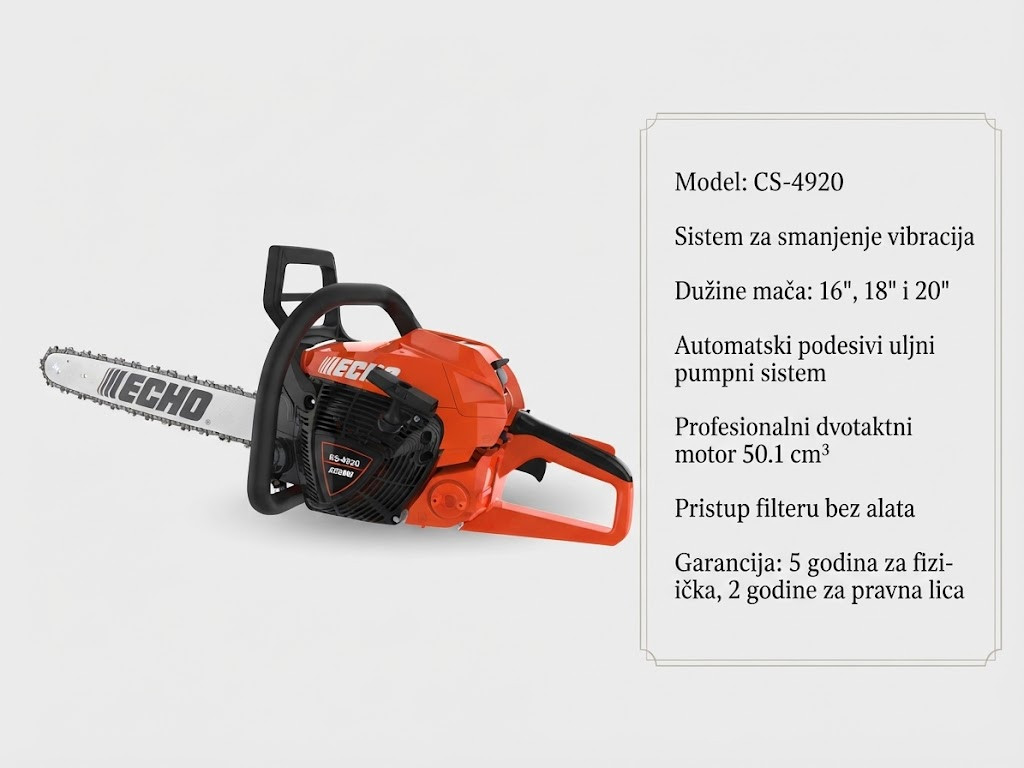 ECHO CS 4920 motorna testera sa profesionalnim dvotaktnim motorom od 50.2 cm³, sistemom za smanjenje vibracija i produženom garancijom