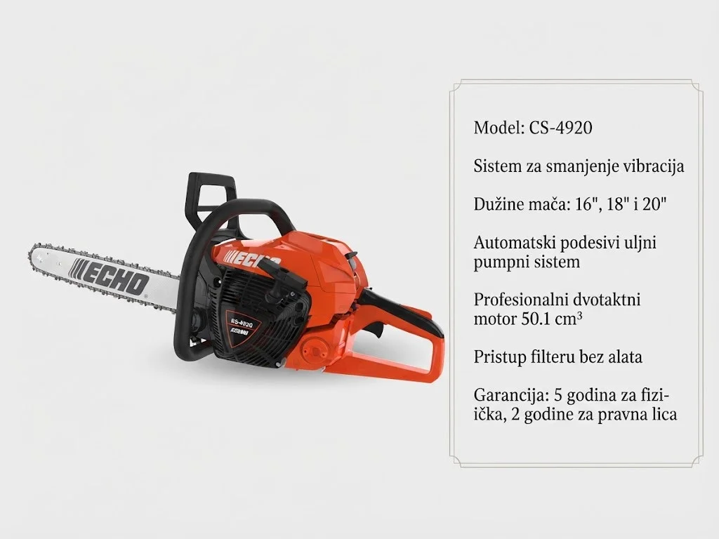 ECHO CS 4920 motorna testera sa profesionalnim dvotaktnim motorom od 50.2 cm³, sistemom za smanjenje vibracija i produženom garancijom