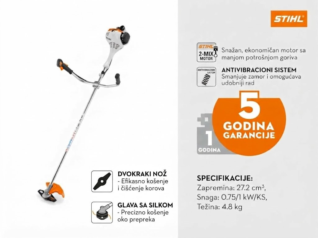 STIHL FS 55 benzinski motorni trimer za travu sa dvokrakim nozem i specifikacijom.