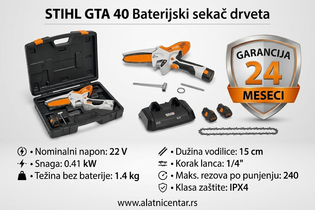 GTA 40 STIHL Baterijski rucni sekac grana sa baterijom i punjacem u PVC koferu. Specifikacija