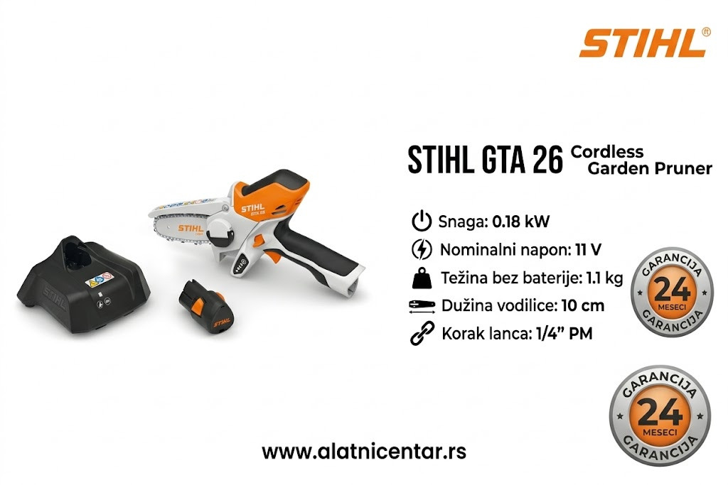 GTA 26 STIHL Akumulatorske makaze za secenje grana sa baterijom i punjacem. Specifikacija